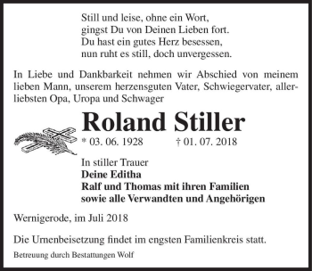 Traueranzeige von Roland Stiller  von Magdeburger Volksstimme