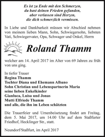 Traueranzeige von Roland Thamm  von Magdeburger Volksstimme