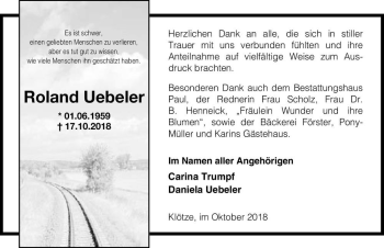 Traueranzeige von Roland Uebeler  von Magdeburger Volksstimme