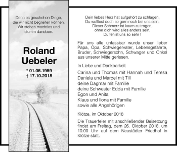 Traueranzeige von Roland Uebeler  von Magdeburger Volksstimme