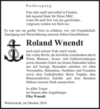 Traueranzeige von Roland Wnendt  von Magdeburger Volksstimme