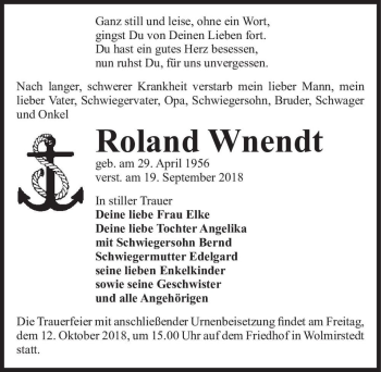 Traueranzeige von Roland Wnendt  von Magdeburger Volksstimme