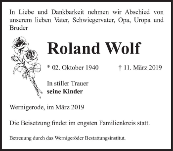 Traueranzeige von Roland Wolf  von Magdeburger Volksstimme