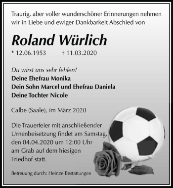 Traueranzeige von Roland Würlich  von Magdeburger Volksstimme
