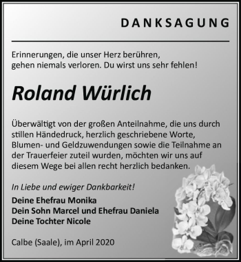 Traueranzeige von Roland Würlich  von Magdeburger Volksstimme