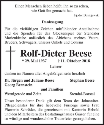 Traueranzeige von Rolf-Dieter Beese  von Magdeburger Volksstimme