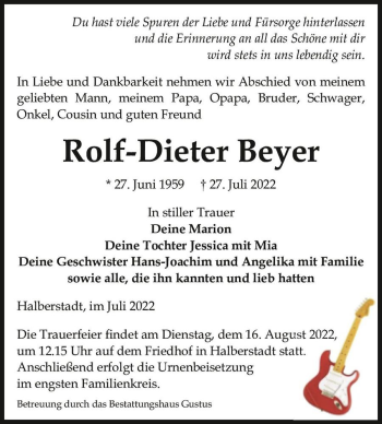 Traueranzeige von Rolf-Dieter Beyer  von Magdeburger Volksstimme
