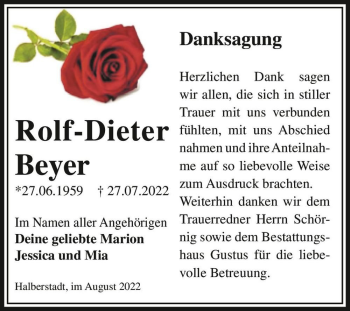 Traueranzeige von Rolf-Dieter Beyer  von Magdeburger Volksstimme
