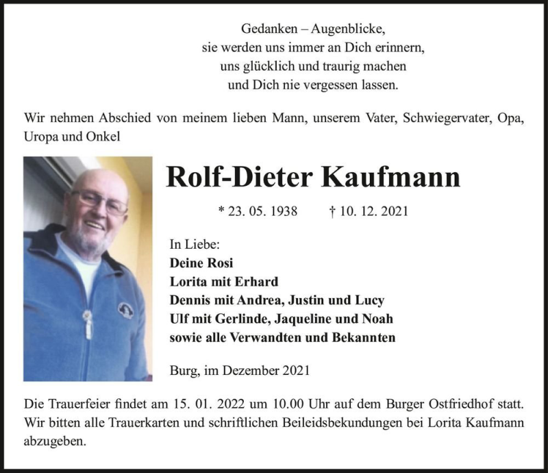  Traueranzeige für Rolf-Dieter Kaufmann  vom 08.01.2022 aus Magdeburger Volksstimme
