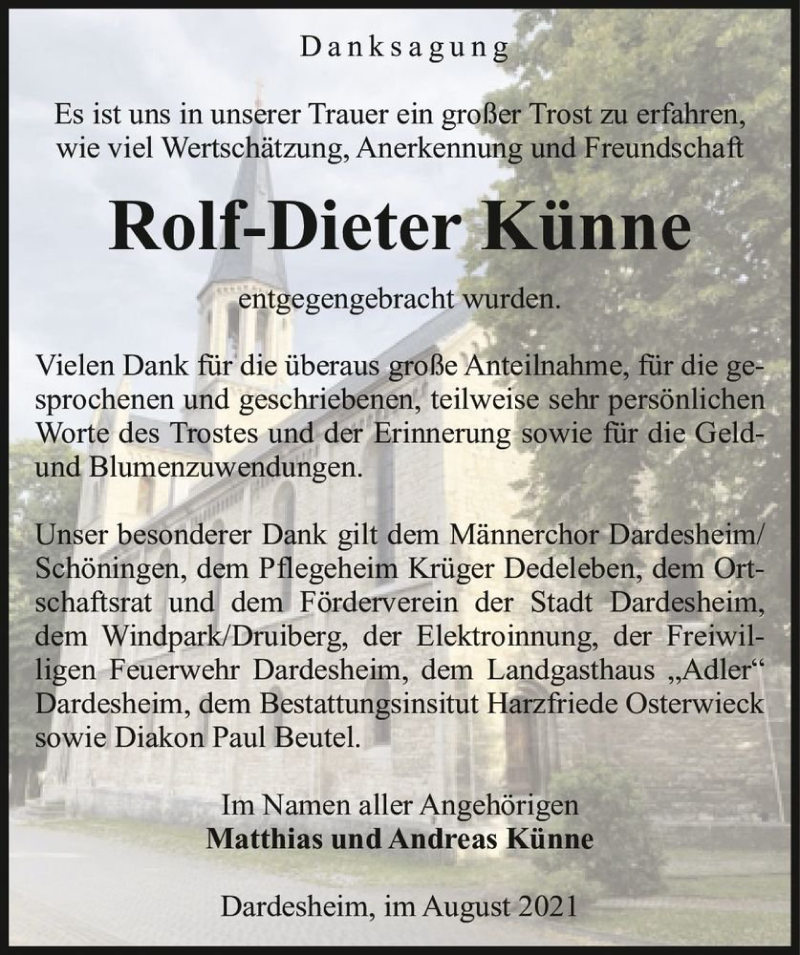  Traueranzeige für Rolf-Dieter Künne  vom 21.08.2021 aus Magdeburger Volksstimme