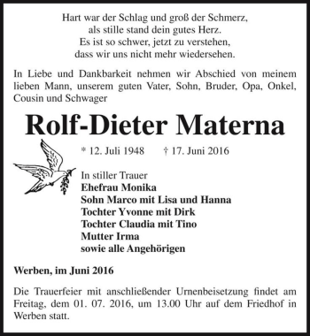Traueranzeige von Rolf-Dieter Materna  von Magdeburger Volksstimme