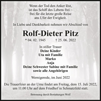 Traueranzeige von Rolf-Dieter Pitz  von Magdeburger Volksstimme