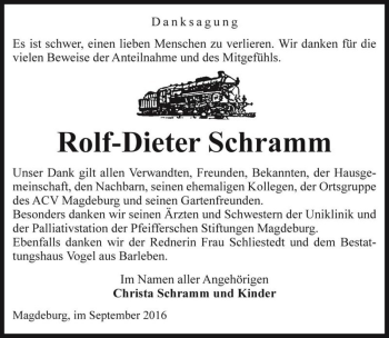 Traueranzeige von Rolf-Dieter Schramm  von Magdeburger Volksstimme