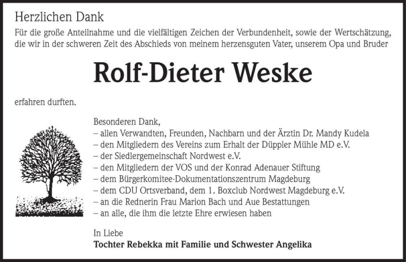  Traueranzeige für Rolf-Dieter Weske  vom 08.01.2022 aus Magdeburger Volksstimme