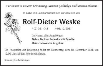Traueranzeige von Rolf-Dieter Weske  von Magdeburger Volksstimme