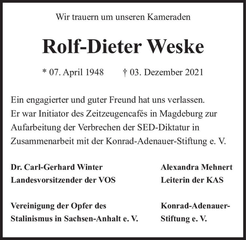  Traueranzeige für Rolf-Dieter Weske  vom 11.12.2021 aus Magdeburger Volksstimme
