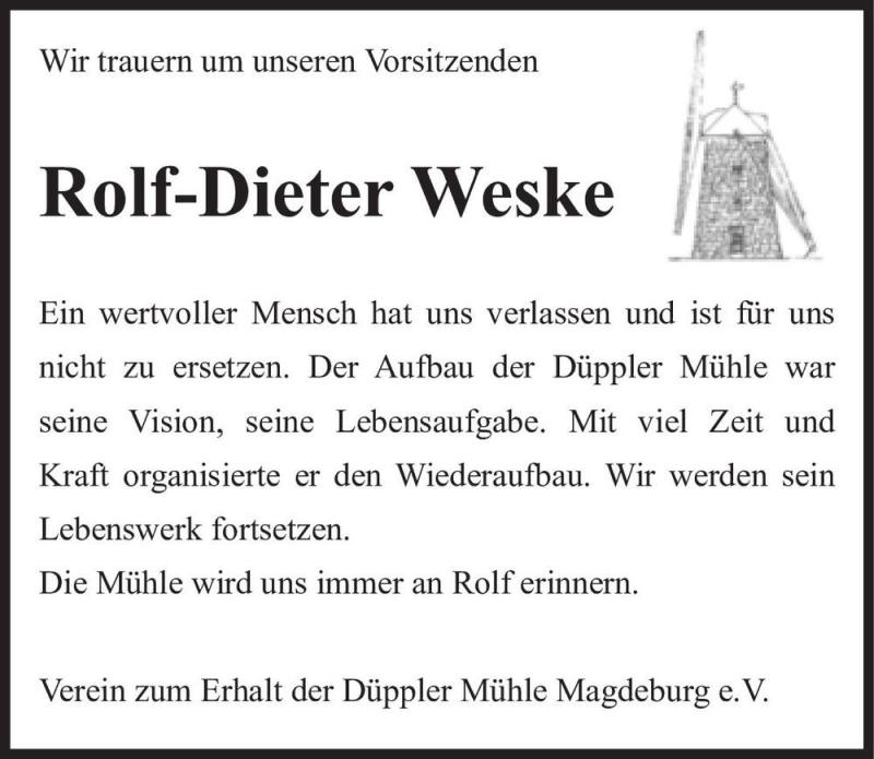  Traueranzeige für Rolf-Dieter Weske  vom 11.12.2021 aus Magdeburger Volksstimme