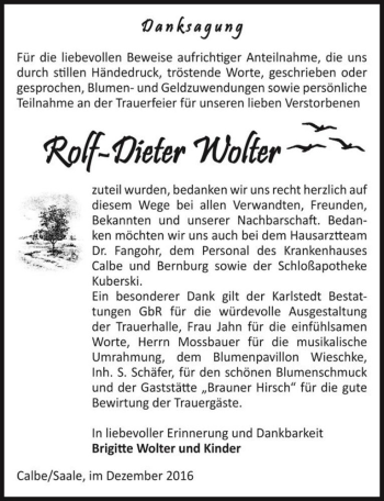 Traueranzeige von Rolf-Dieter Wolter  von Magdeburger Volksstimme