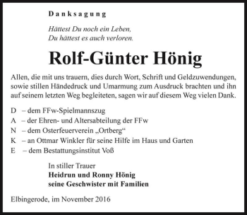 Traueranzeige von Rolf-Günter Hönig  von Magdeburger Volksstimme