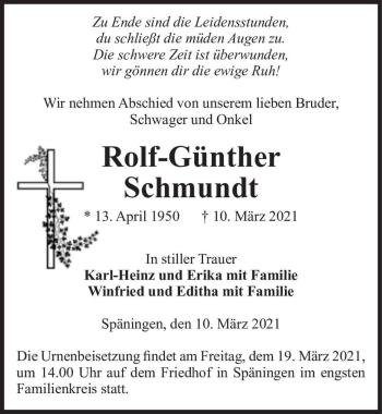 Traueranzeige von Rolf-Günther Schmundt  von Magdeburger Volksstimme