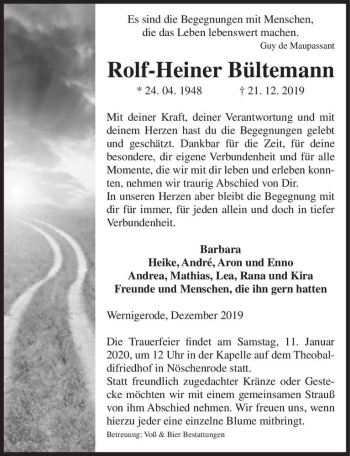 Traueranzeige von Rolf-Heiner Bültemann  von Magdeburger Volksstimme