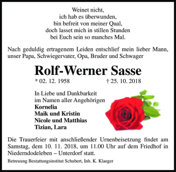 Traueranzeige von Rolf-Werner Sasse  von Magdeburger Volksstimme
