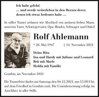 Traueranzeige von Rolf Ahlemann  von Magdeburger Volksstimme