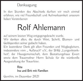 Traueranzeige von Rolf Ahlemann  von Magdeburger Volksstimme