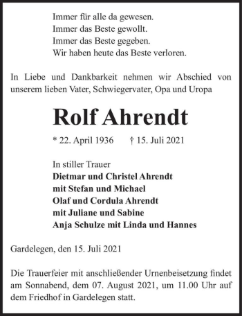 Traueranzeige von Rolf Ahrendt  von Magdeburger Volksstimme
