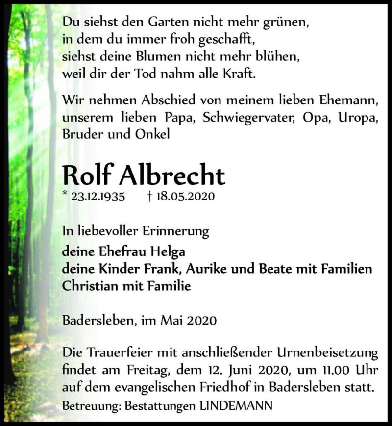  Traueranzeige für Rolf Albrecht  vom 30.05.2020 aus Magdeburger Volksstimme