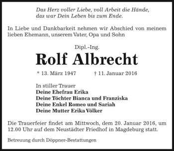 Traueranzeige von Rolf Albrecht  von Magdeburger Volksstimme