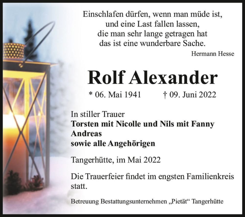  Traueranzeige für Rolf Alexander  vom 18.06.2022 aus Magdeburger Volksstimme