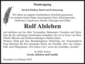 Traueranzeige von Rolf Alsleben  von Magdeburger Volksstimme