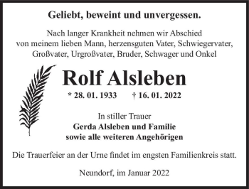 Traueranzeige von Rolf Alsleben  von Magdeburger Volksstimme