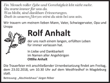 Traueranzeige von Rolf Anhalt  von Magdeburger Volksstimme