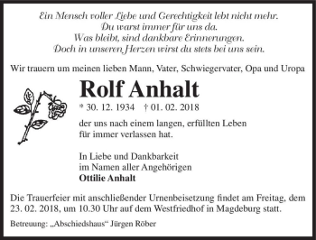 Traueranzeige von Rolf Anhalt  von Magdeburger Volksstimme
