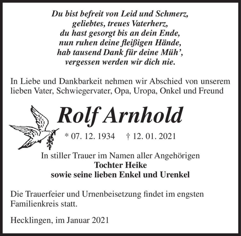  Traueranzeige für Rolf Arnhold  vom 16.01.2021 aus Magdeburger Volksstimme