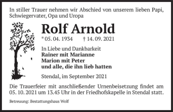 Traueranzeige von Rolf Arnold  von Magdeburger Volksstimme