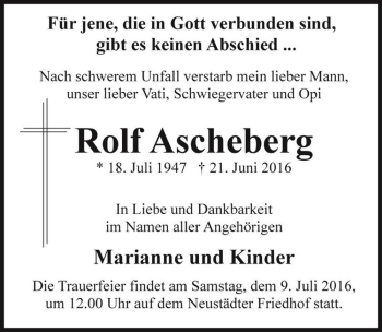 Traueranzeige von Rolf Ascheberg  von Magdeburger Volksstimme
