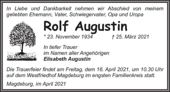 Traueranzeige von Rolf Augustin  von Magdeburger Volksstimme