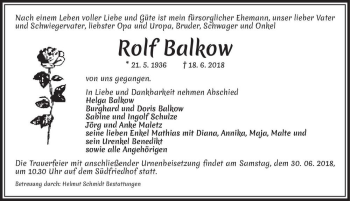 Traueranzeige von Rolf Balkow  von Magdeburger Volksstimme