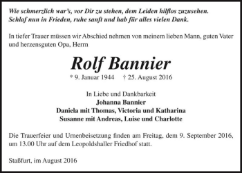 Traueranzeige von Rolf Bannier  von Magdeburger Volksstimme