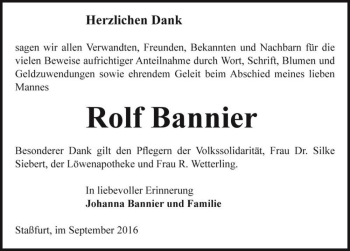 Traueranzeige von Rolf Bannier  von Magdeburger Volksstimme