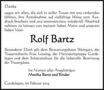 Traueranzeige von Rolf Bartz  von Magdeburger Volksstimme