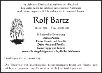 Traueranzeige von Rolf Bartz  von Magdeburger Volksstimme