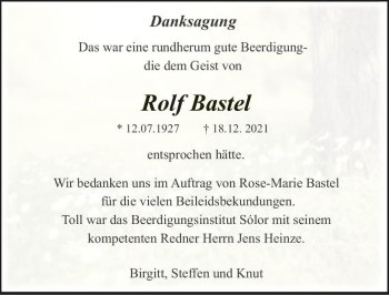 Traueranzeige von Rolf Bastel  von Magdeburger Volksstimme
