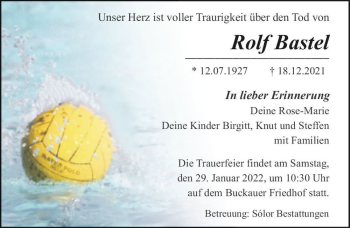 Traueranzeige von Rolf Bastel  von Magdeburger Volksstimme