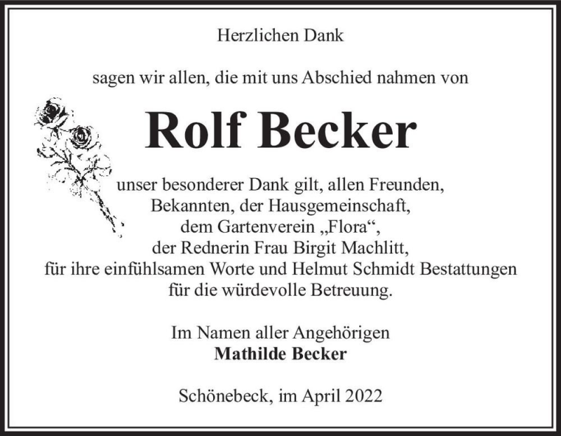  Traueranzeige für Rolf Becker  vom 16.04.2022 aus Magdeburger Volksstimme