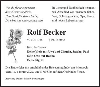 Traueranzeige von Rolf Becker  von Magdeburger Volksstimme