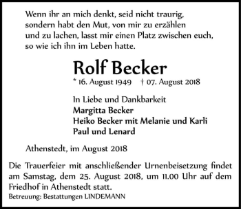 Traueranzeige von Rolf Becker  von Magdeburger Volksstimme